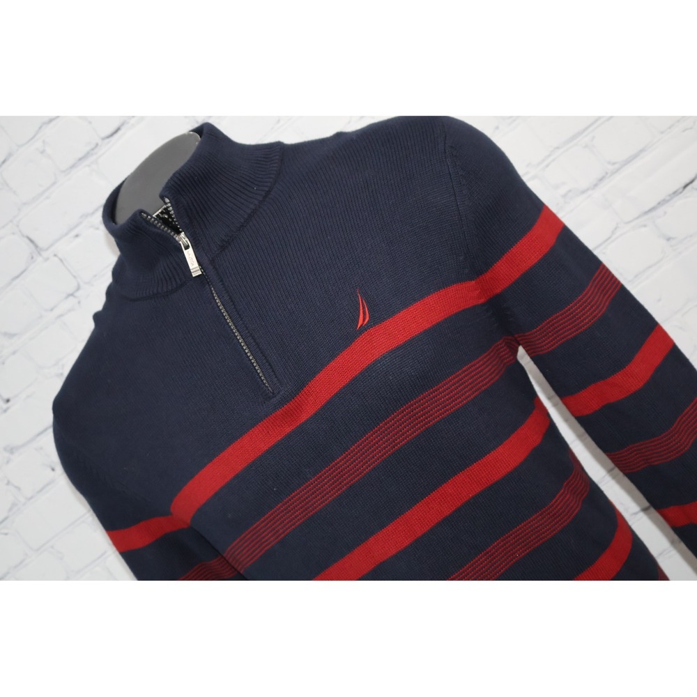 Nautica 1/4 Zip Pullover Mens Medium Navy Blue Red Striped Cotton Sweater